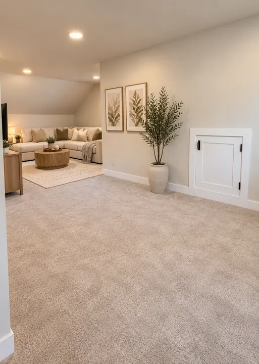 Finished attic family room with sectional sofa and recessed lights