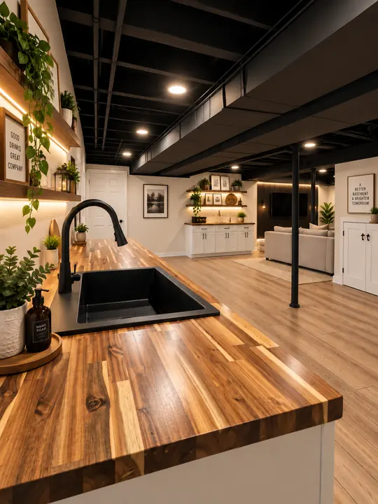 Basement wet bar with butcher-block counter and lit floating shelves