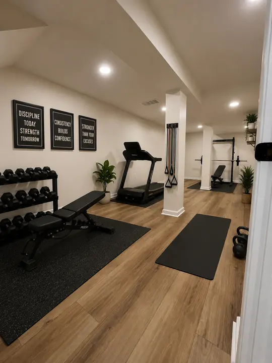 Finished basement home gym with dumbbells, treadmill and squat rack