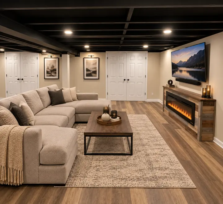 Basement lounge with reclaimed-wood fireplace console and black ceiling