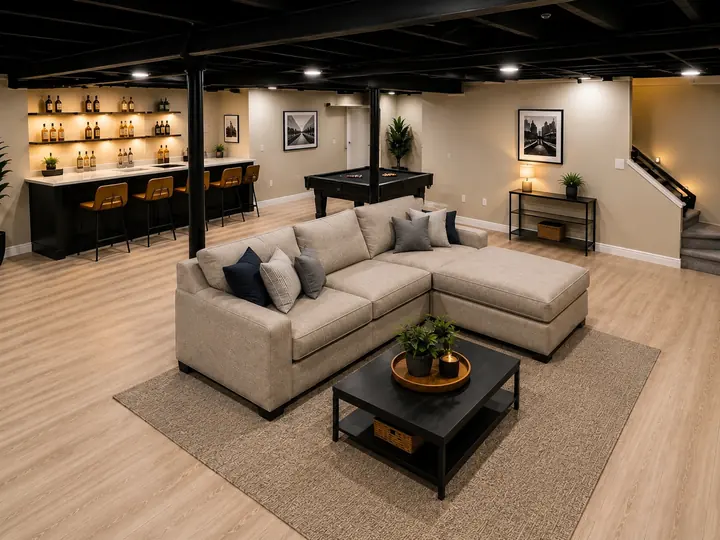 Basement with bar, lounge, pool table and finished stairway