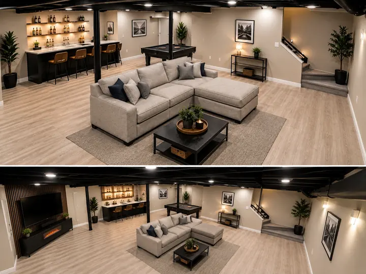 Two views of a finished basement with lounge, bar and media wall
