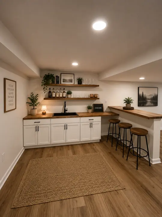 Basement wet bar with white cabinets, butcher block counter and bar stools