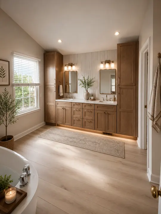 Bathroom with wood double vanity, tall linen cabinets and toe-kick lighting