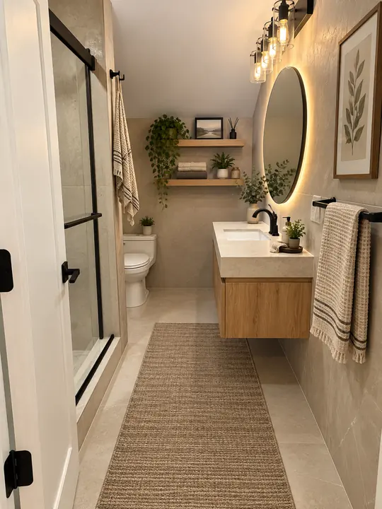 Narrow bathroom with floating wood vanity, backlit mirror and glass shower