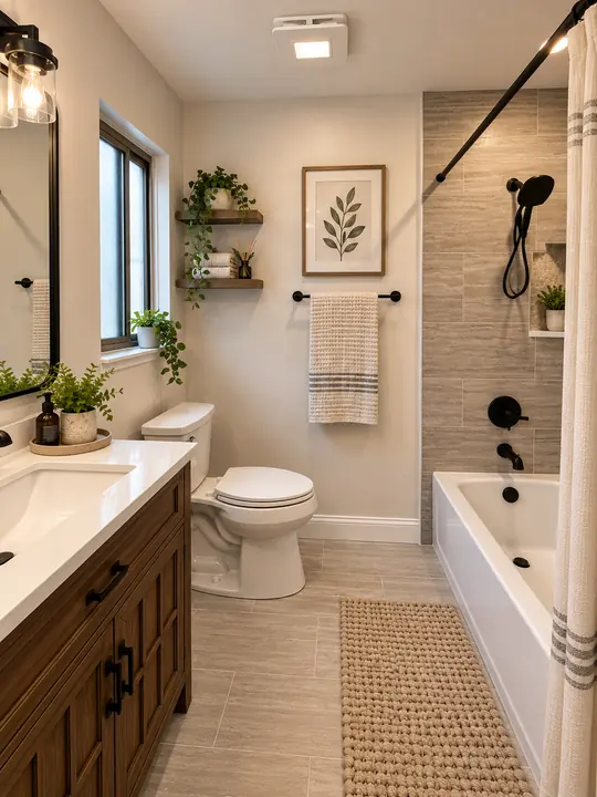 Bathroom with tile tub surround, niche and black fixtures