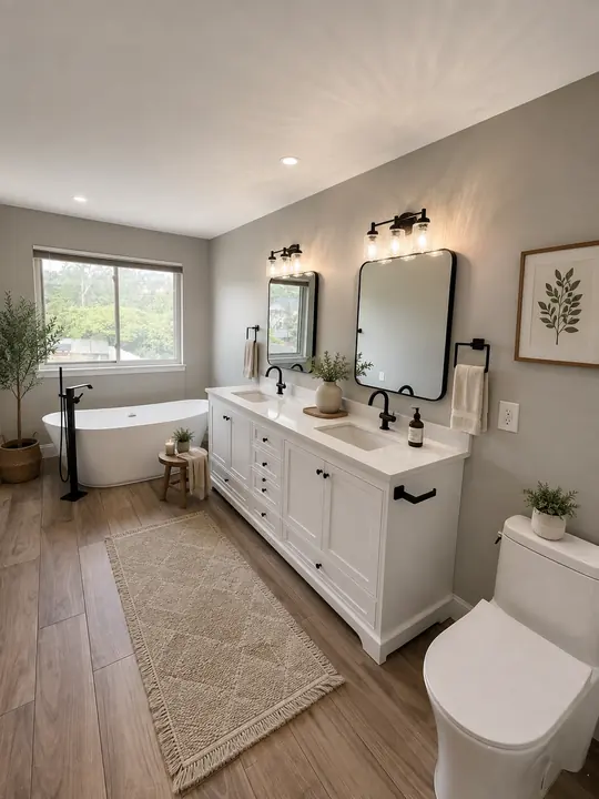 Bathroom with freestanding tub, white double vanity and wood-look floor