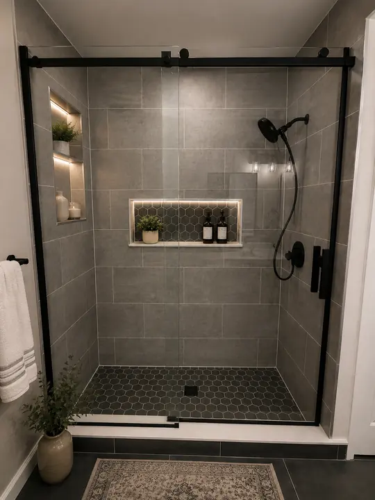 Shower with black sliding glass door, gray tile, hex floor and LED niches