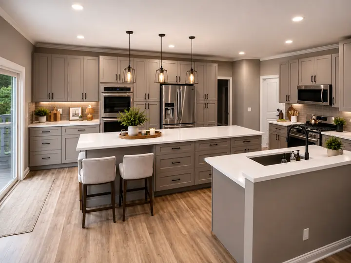 Remodeled kitchen with gray shaker cabinets, white quartz island and pendant lights