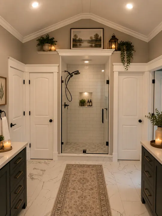 Walk-in shower with white subway tile between two closet doors