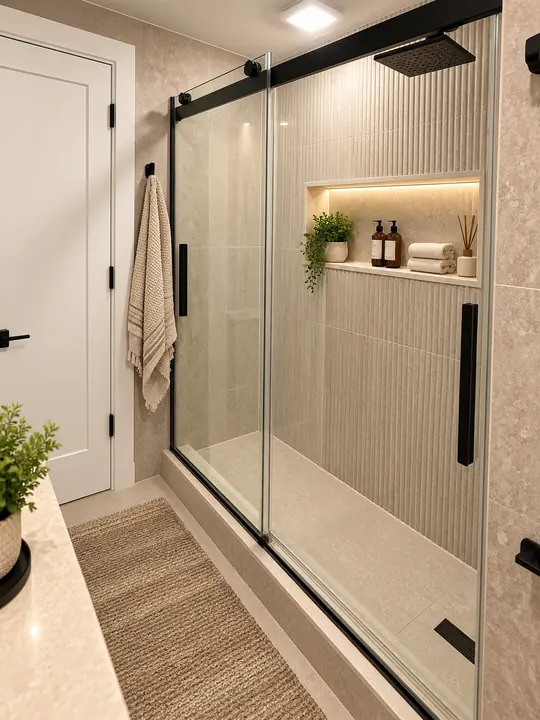 Sliding glass shower with fluted tile wall and backlit niche