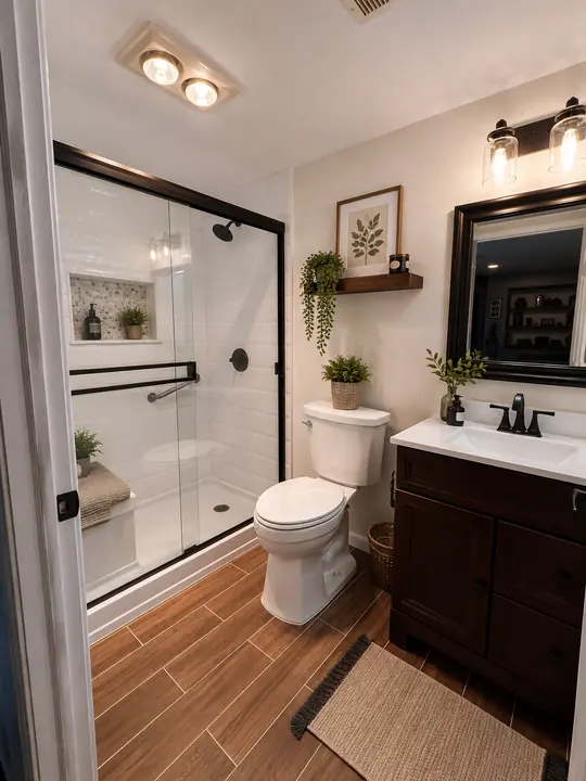 Small bathroom with glass walk-in shower, dark vanity and wood-look tile
