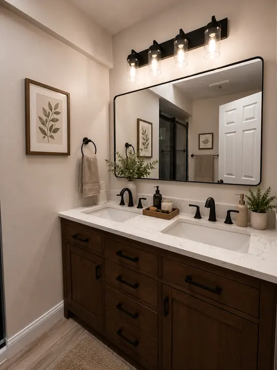 Bathroom with walnut double vanity, white quartz top and black faucets