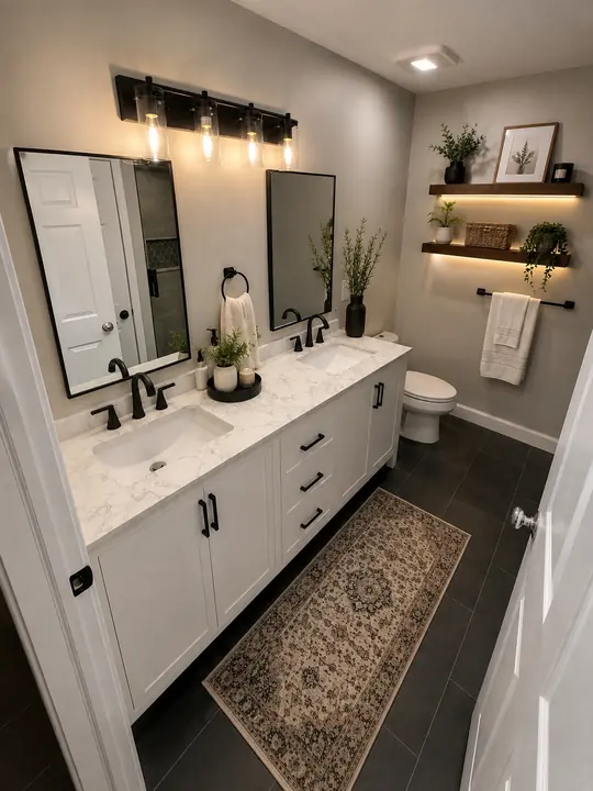 Bathroom with white double vanity, black fixtures and dark tile floor