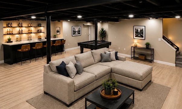Basement with bar, black exposed ceiling, sectional and pool table