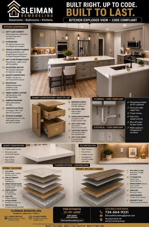 Kitchen remodel guide: cabinet construction, countertops, plumbing, electrical and flooring