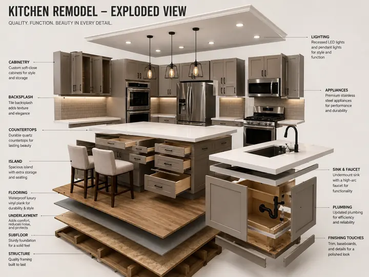 Kitchen remodel exploded view: cabinetry, backsplash, countertops, island, flooring, underlayment, subfloor, lighting, appliances and plumbing